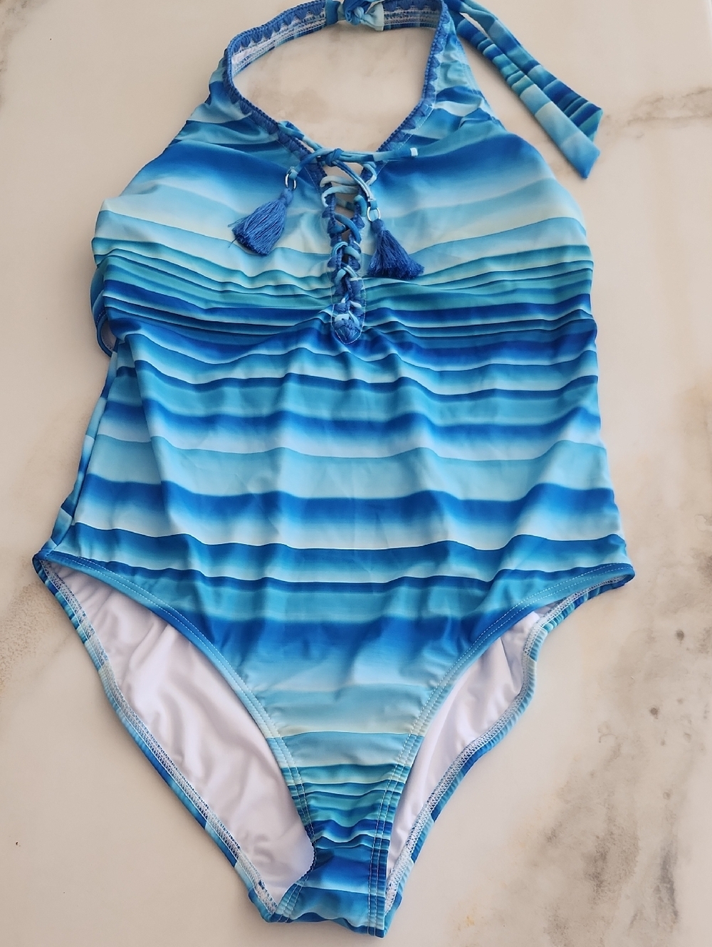 Blue Ombre One-Piece Sexy Swimsuit Lace-Up Front &  Backless